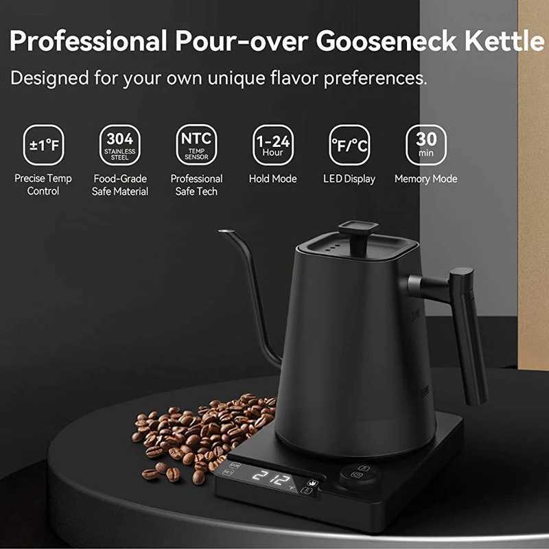 110V/220V Electric Kettle 1.0L Gooseneck Manual Brewing Coffee Pot 1200W Fast Heating Temperature Control Pot Stainless Steel Lining Y241102