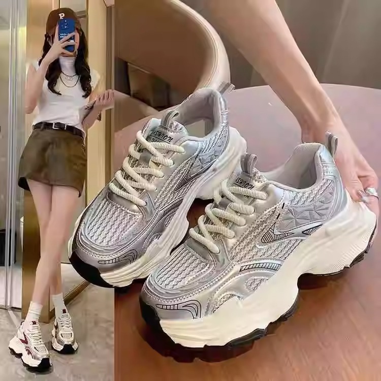 Thick soled dad shoes, women's height increasing versatile casual shoes, 2024 autumn/winter new mesh breathable Korean version sports shoes