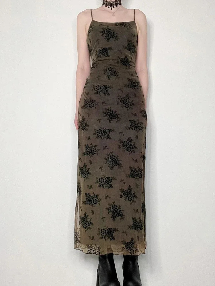 Y2K Retro Fashion Strap Printing Summer Maxi Dress Women Fairycore Grunge Chic Party Long Mesh Dresses Gothic Clothes 240319
