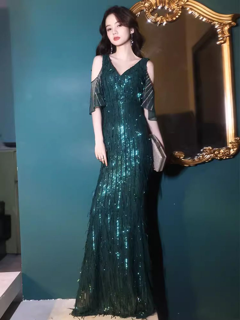 Green Sequin Evening Dresses V Neck Off shoulder Women Elegant Mermaid Maxi Prom dress Party Gown Abendkleider Robe De Soiree Vestidos