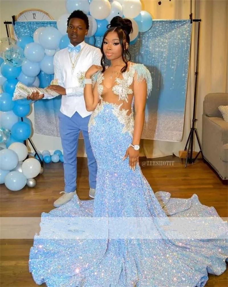 Long Dis Prom Dresses Mermaid Sparkly Rhies Crystals Feathers Sequins For Black Girls Birthday Party Gown
