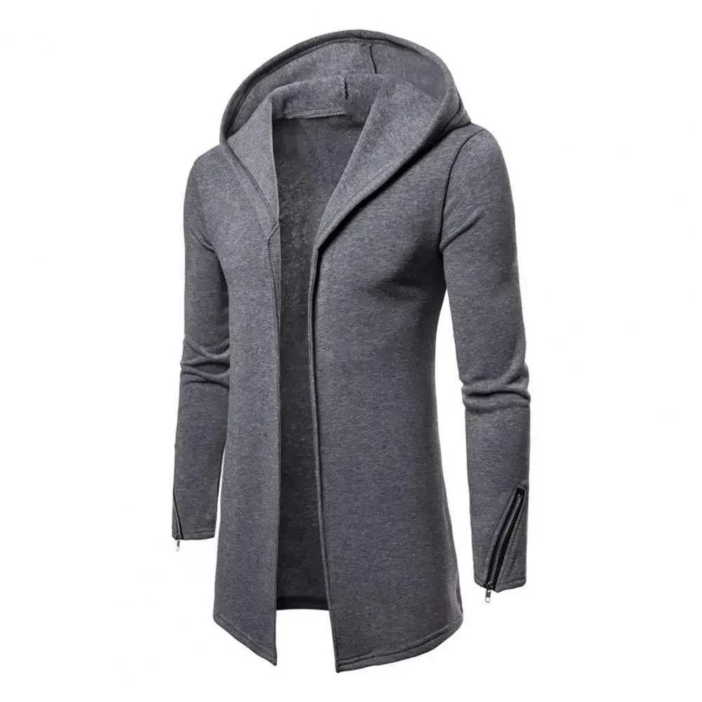 Mens outerwear hooded long slip casual autumn outerwear solid color zipper cuffs warm open seam cardigan W241102