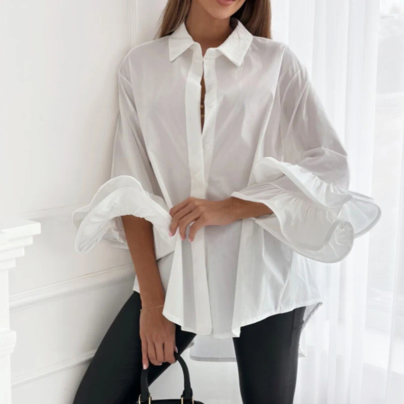Women's Blouses Simple Temperament Loose Oversized Commute Office Button Flare Sleeve Female Tops Blusas 2024 Spring Autumn Women Shirts