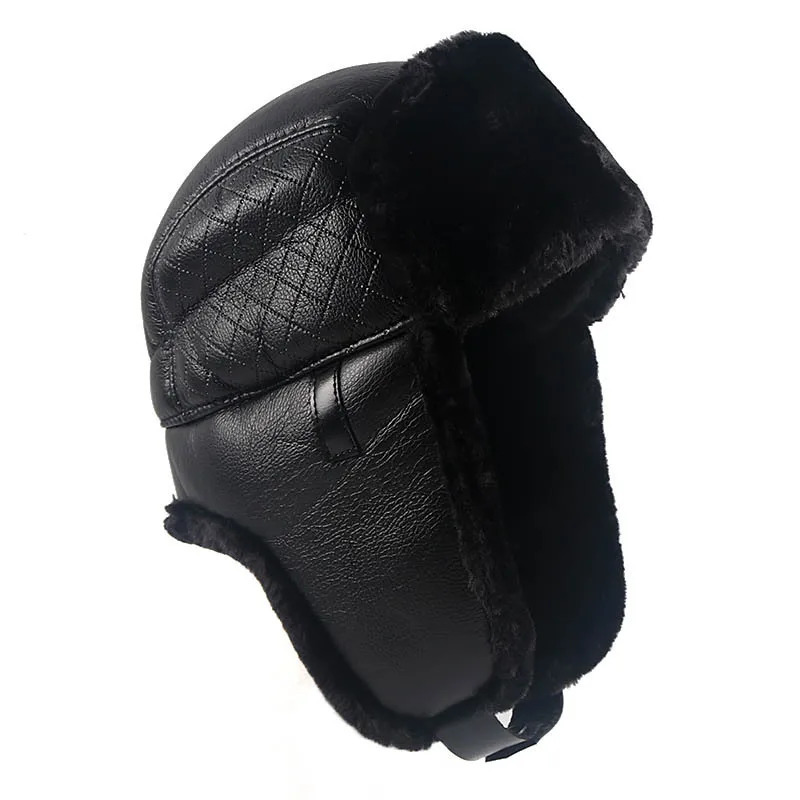 Mens Winter Hat with Earrings Ushanka Warm Russian Fur Bomber Hat Plain Leather Winter Pilot Hat Mens Black 241031