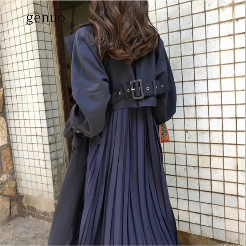 Womens spring Korean fashion pleated trench coat long sleeved knee length windproof coat loose thin Abrigo Mujer 241031