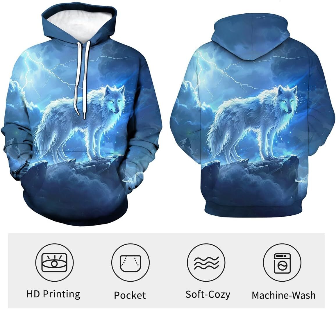 Hoodie for Mens Womens Novelty Wolf Hoodie Funny Animal Graphic A Wolf in a dreamlike lightning Sweatshirts Graphic Hoodies sweatshirt Pullover Long S
