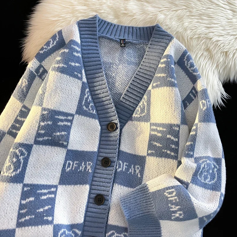 Autumn Winter Highquality Wool Cardigan Men Fashionable Loose Vneck Versatile Comfortable Breathable Warm Checkered Jacket 241024