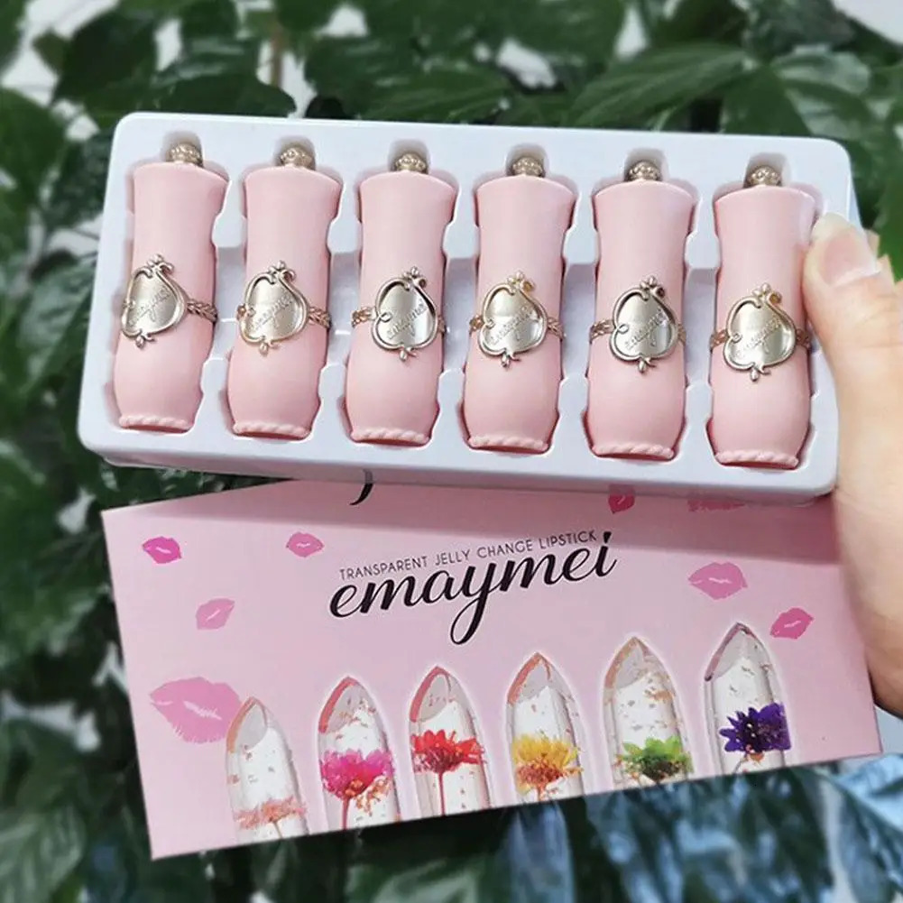 6 pieces/box crystal transparent flower jelly lipstick kit agent nourishing lipstick temperature changing lip gloss 241031