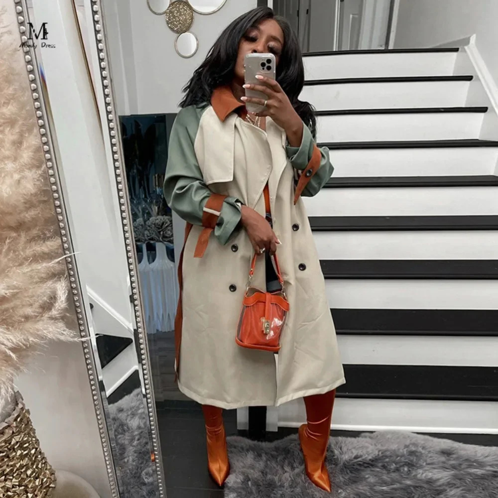 Fashionable womens trench coat long sleeved with patchwork work loose jacket autumn and winter streetwear plus size womens coat 241031