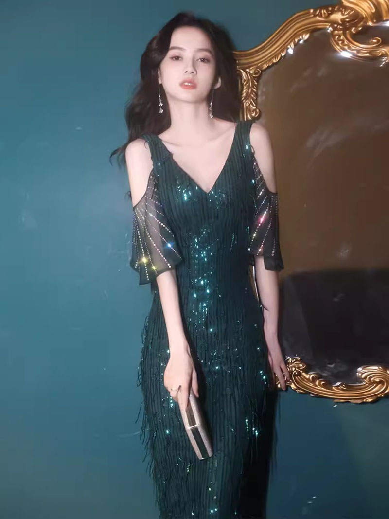 Green Sequin Evening Dresses V Neck Off shoulder Women Elegant Mermaid Maxi Prom dress Party Gown Abendkleider Robe De Soiree Vestidos