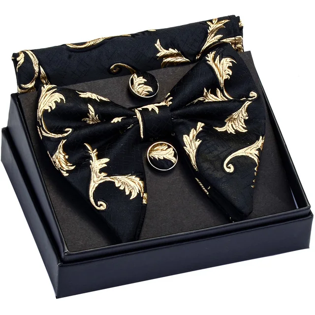 GUSLESON Decorative pattern Big Bow Tie White Black Bowtie Pocket Square Cufflinks Set with Gift Box Wedding Necktie For Man