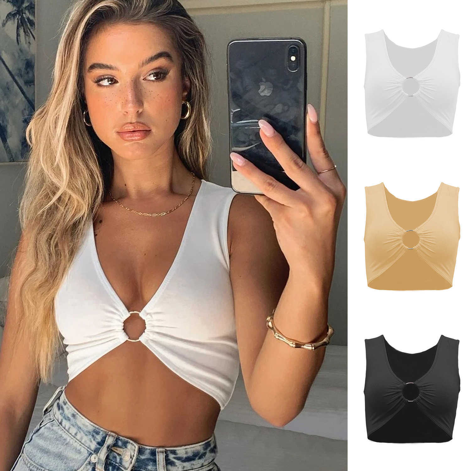 Womens Tshirt WoMens Summer Exposed Navel Woman Vest Womens Knits V-neck Solid Color Small Metal Ring Hollow Open Back Sexy Slim Fit Vest 241024
