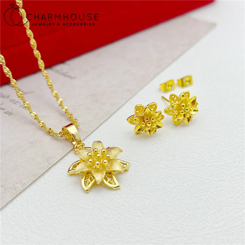 Gold Color Jewelry 2025 Sets new For Women Exquisite Flower Pendant Necklace Earrings 2pcs Wedding Jewelry Accessories Party Gifts