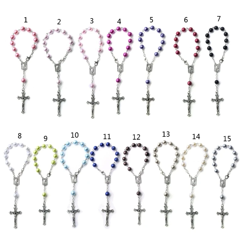 Catholic new for Cross Finger Chain Mini Rosary 2025 Finger Baptism Rosaries Faux Pearls Bracelet for Baptism Christening