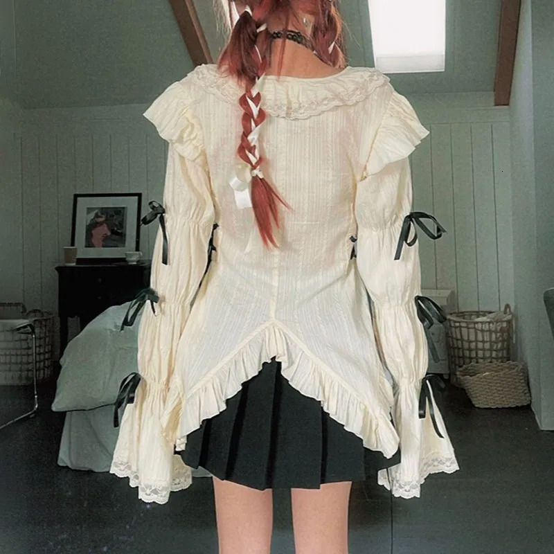 Karrram Y2k Aesthetics Lace Shirt Grunge Gothic Irregular Blouses Fairy Harajuku Bandage Shirt Vintage Lolita Clothes Mall Goth 240321