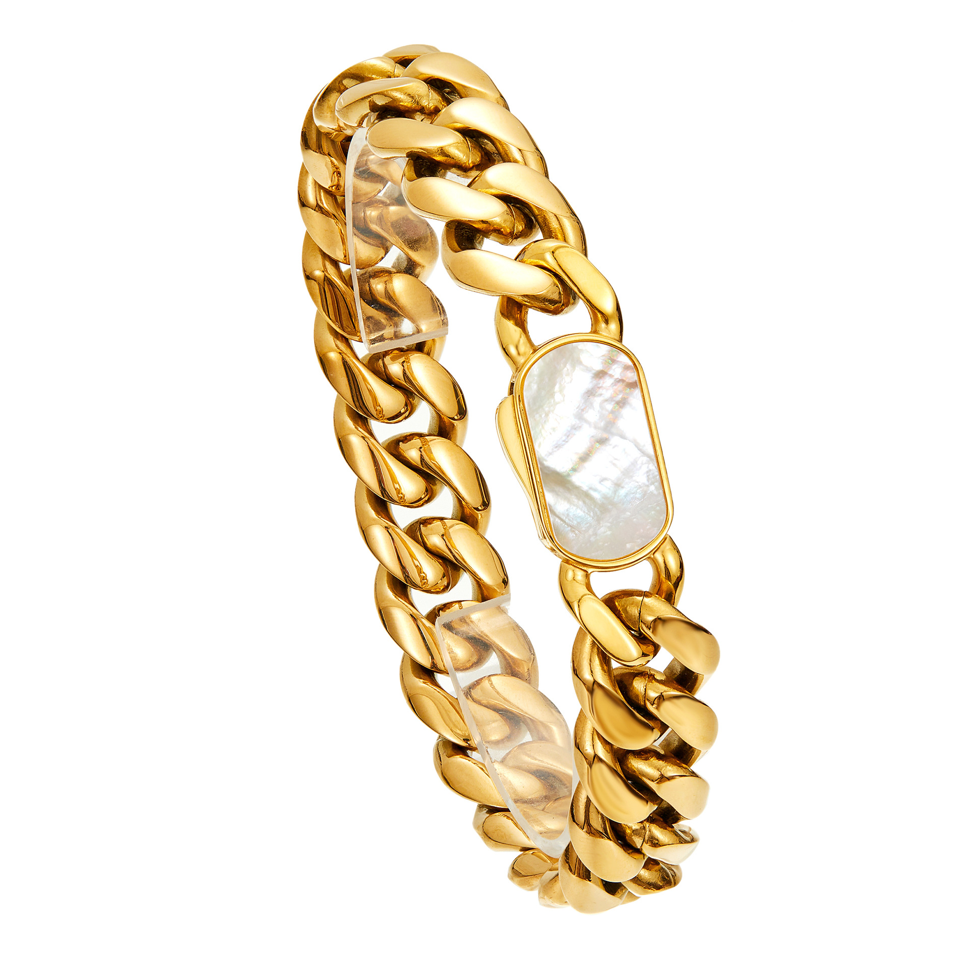 Stainless Steel Miami Cuban Chain Necklace Bracelet Shell Clasp 18K Gold Plated