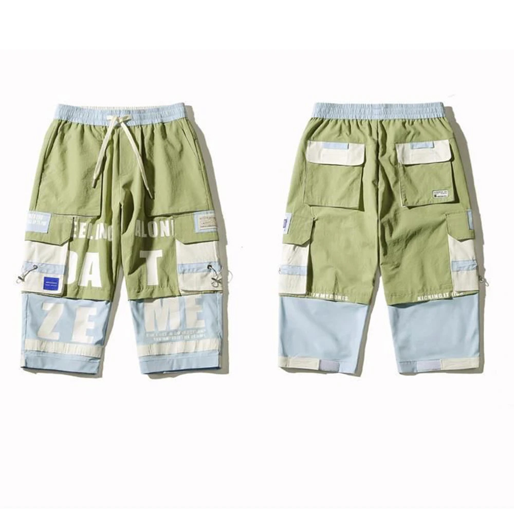 Summer Fashion Men Shorts Casual Hiphop Streetwear Harajuku Pocket Cargo Color Contrast Patchwork Print Street Retro Japan 240321