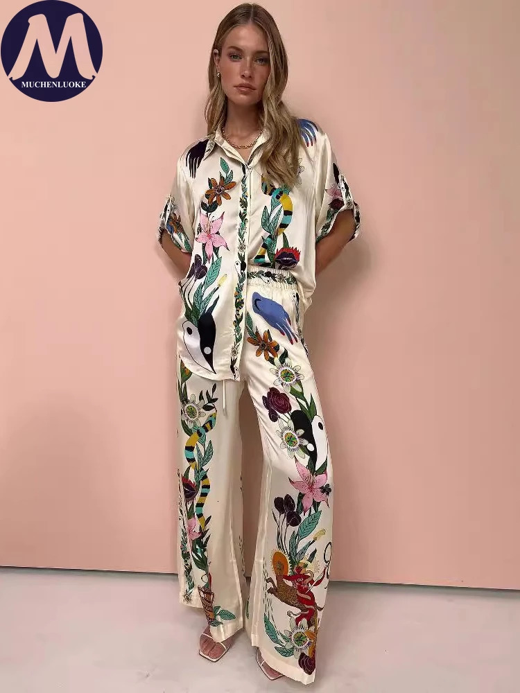 2 Piece Sets Women Outfit Summer Bohemian Style Printing Half Sleeve Shirt Suits Fashionable Casual Loose Wide Leg Pant Set 240328
