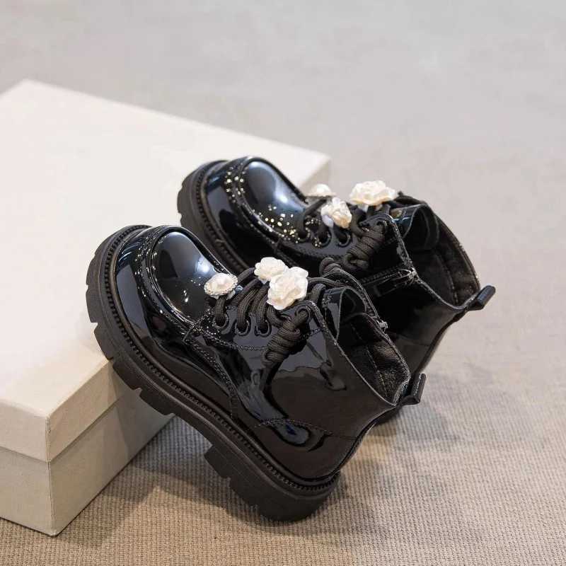 French platform childrens boots winter Pu girls leather boots medium-sized ankle boots fashionable princess boots black short boots childrens shoes Bo