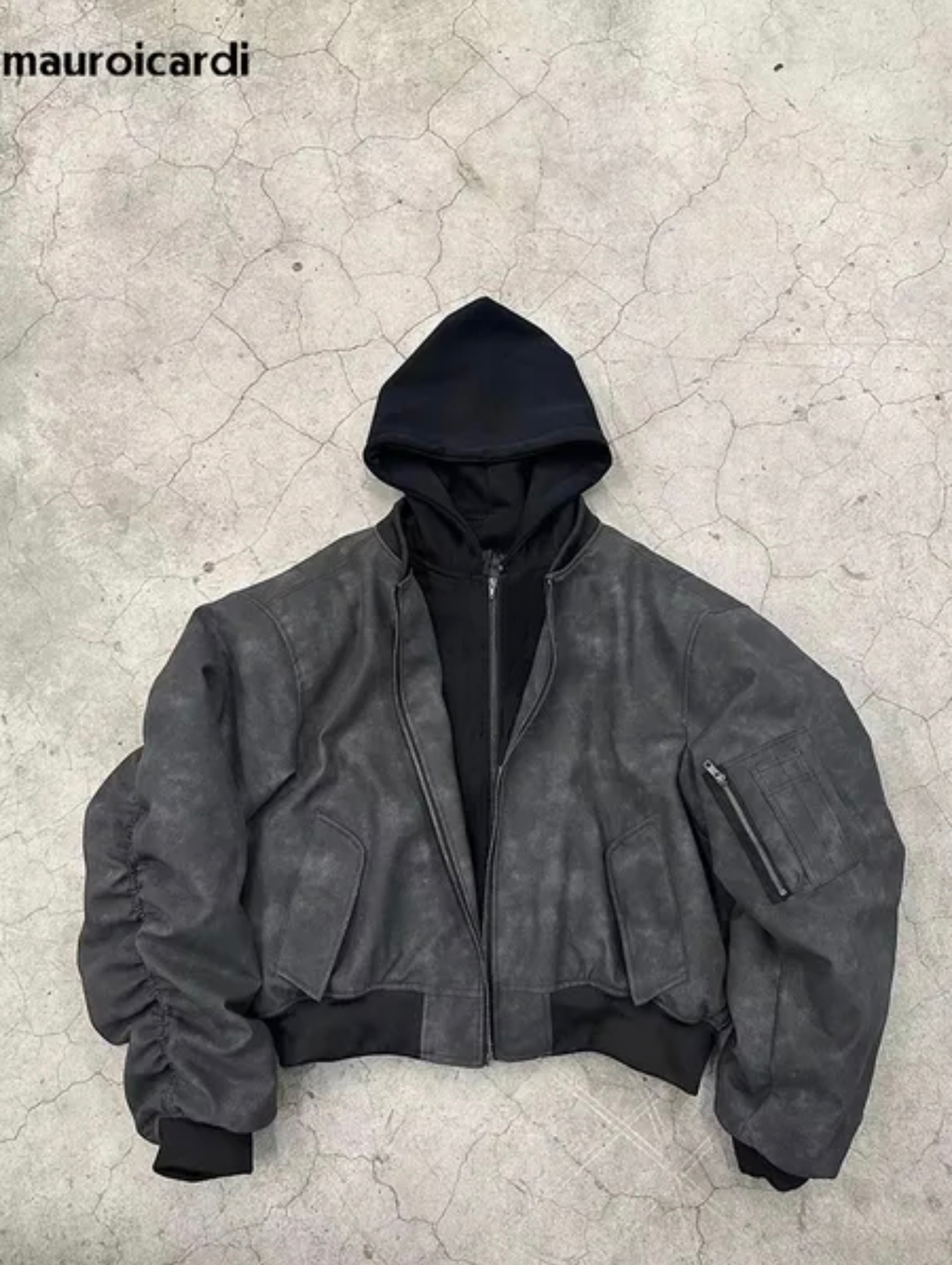 Mauroicardi Spring Oversized Vintage Black Faux Suede Leather Jacket Men Zipper Fake 2 Piece Designer Clothes Hoodie 2024
