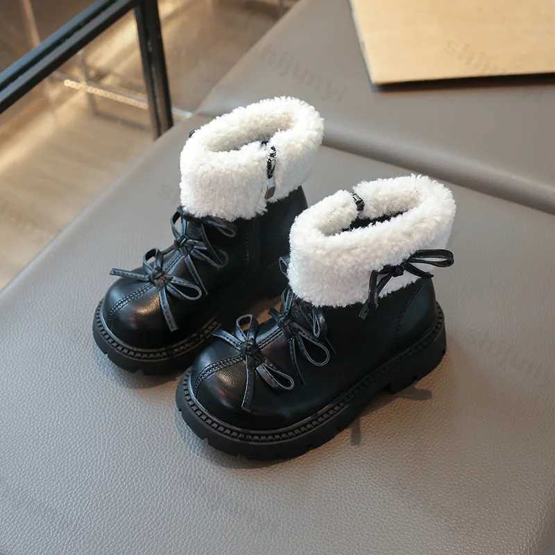 New winter boots suitable for girls design bow tie childrens flat fashion boots thick faux fur warm childrens cotton snow boots M241102