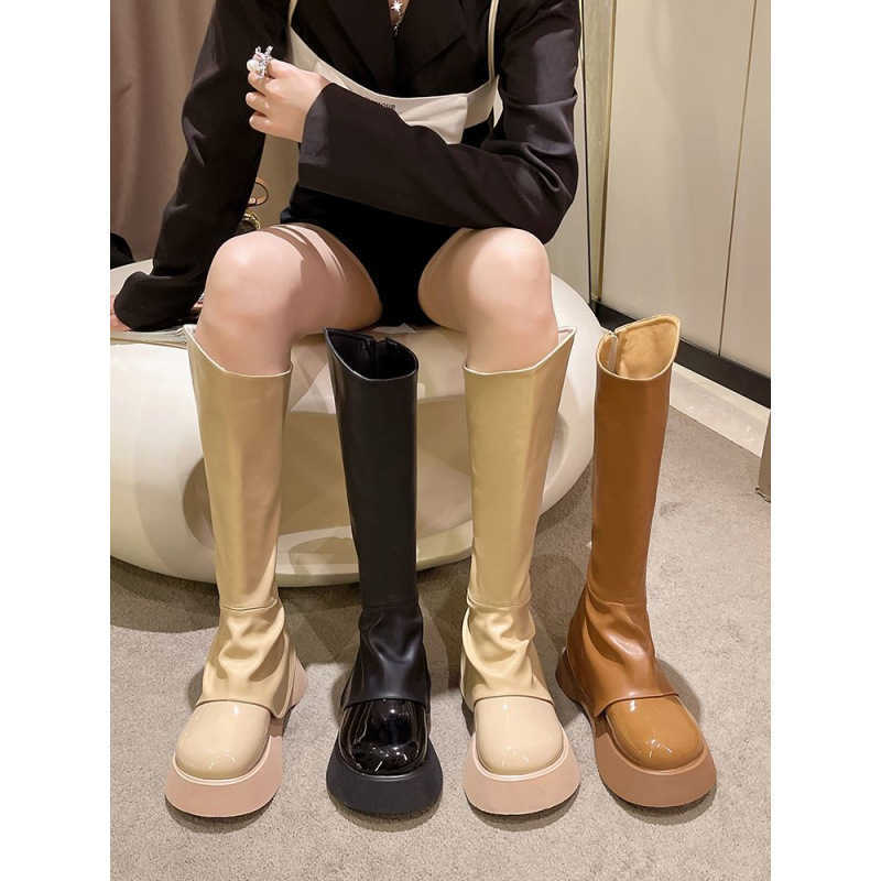 CMM Autumn Small Coarse Legged Long Boots Thick Soled Medium Sleeve Knight Boots Womens Tall Slim Long Boots Smoke Tube Chelsea Boots