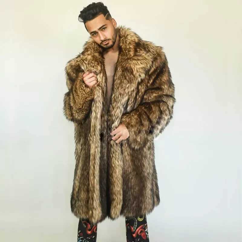 Mens fur coat winter warm artificial raccoon fur coat loose casual mid-length leather clothingXJ241102