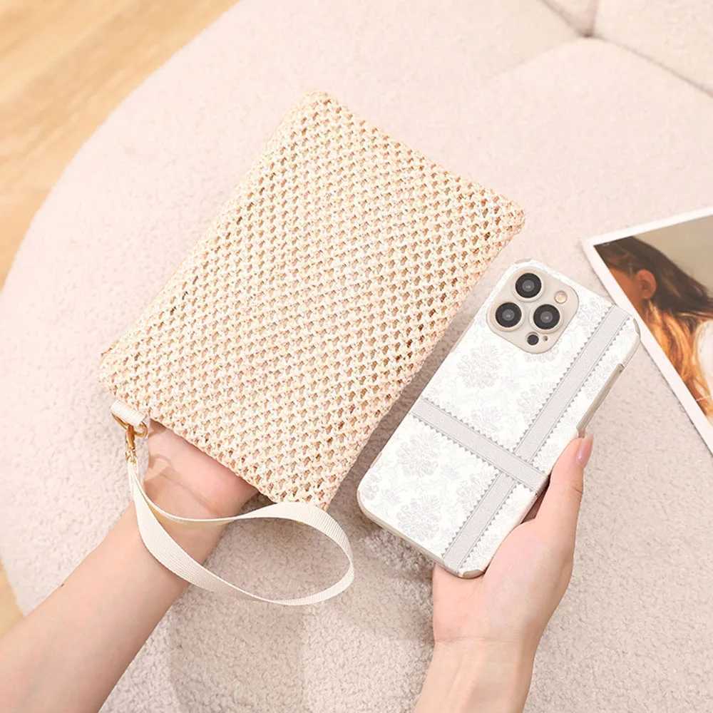 New Str Woven Handbag Women Bohemian Wallet Bags Hollow Out Knit Beach Bag Solid Color Wrist Strap Bags Coin PurseXJ241111