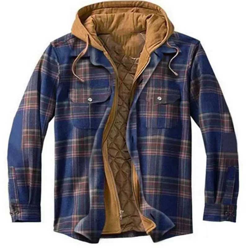 Mens long Sleve winter hooded jacket Flce lining flannel plain shirt jacket button up Sherpa jacket with hood W241102