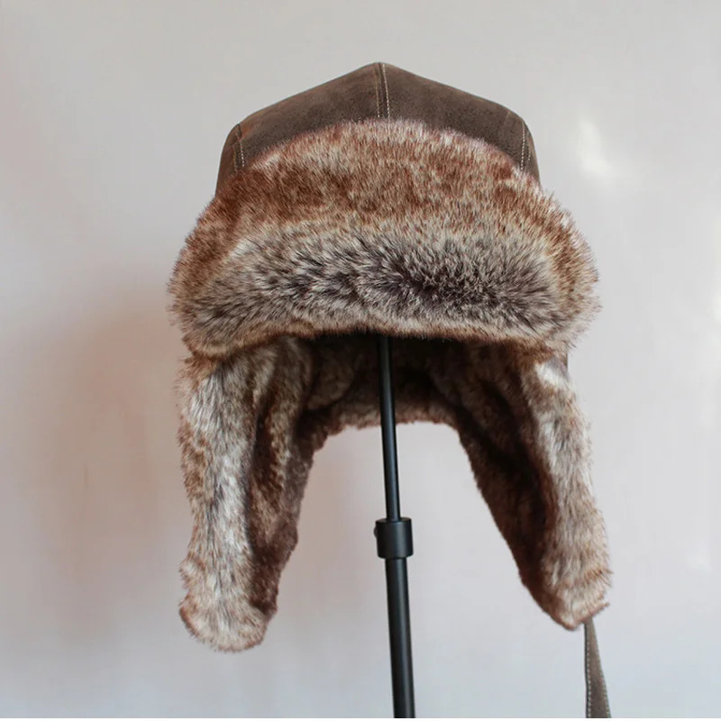 Winter Ushanka hat mens pilot bomber trap hat artificial fur leather snow hat with ear flaps 241031