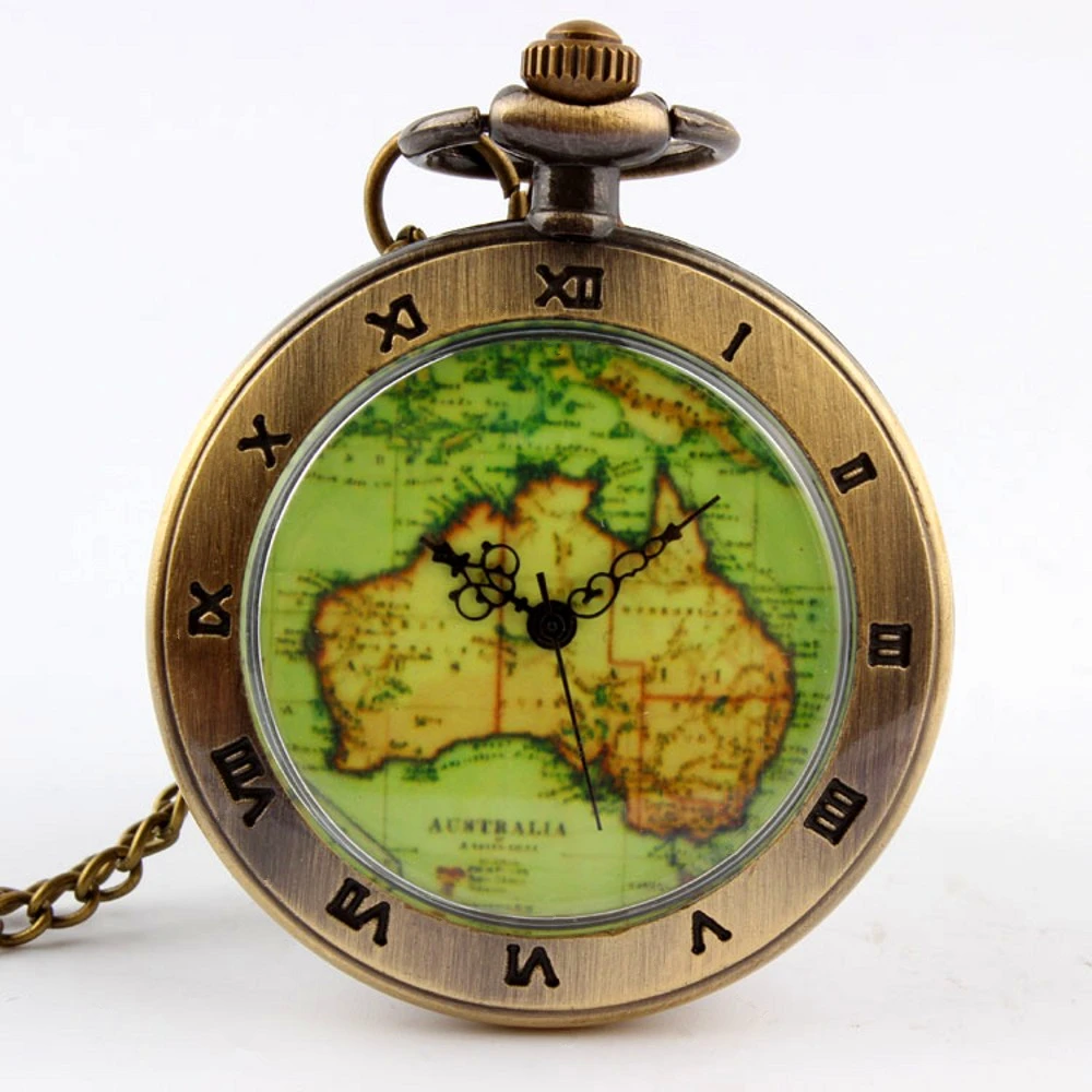 Classic Retro Bronze World new Map Quartz 2025 Pocket Watch with Necklace Chain Exquisite Pendant Gift Men's Clock Gift