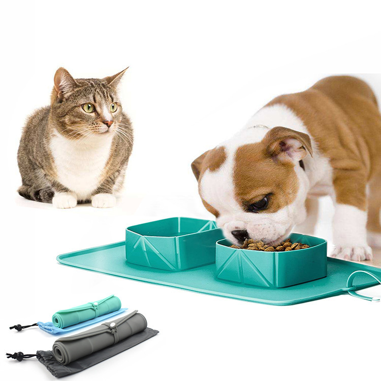 cross border Pet Silicone Folding Bowl Anti slip Dog Double Bowl Plush Bag Dog Bowl Outdoor Pet Portable Cat Bowl Food