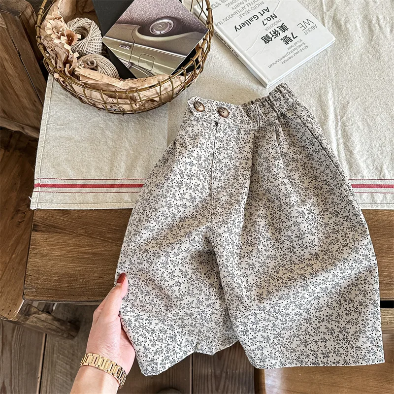 4845B Children's Pant new 2025 2023 Spring Summer New Korean Girl's 9-point Pants Floral Casual Pants Boy's Pant Trousers
