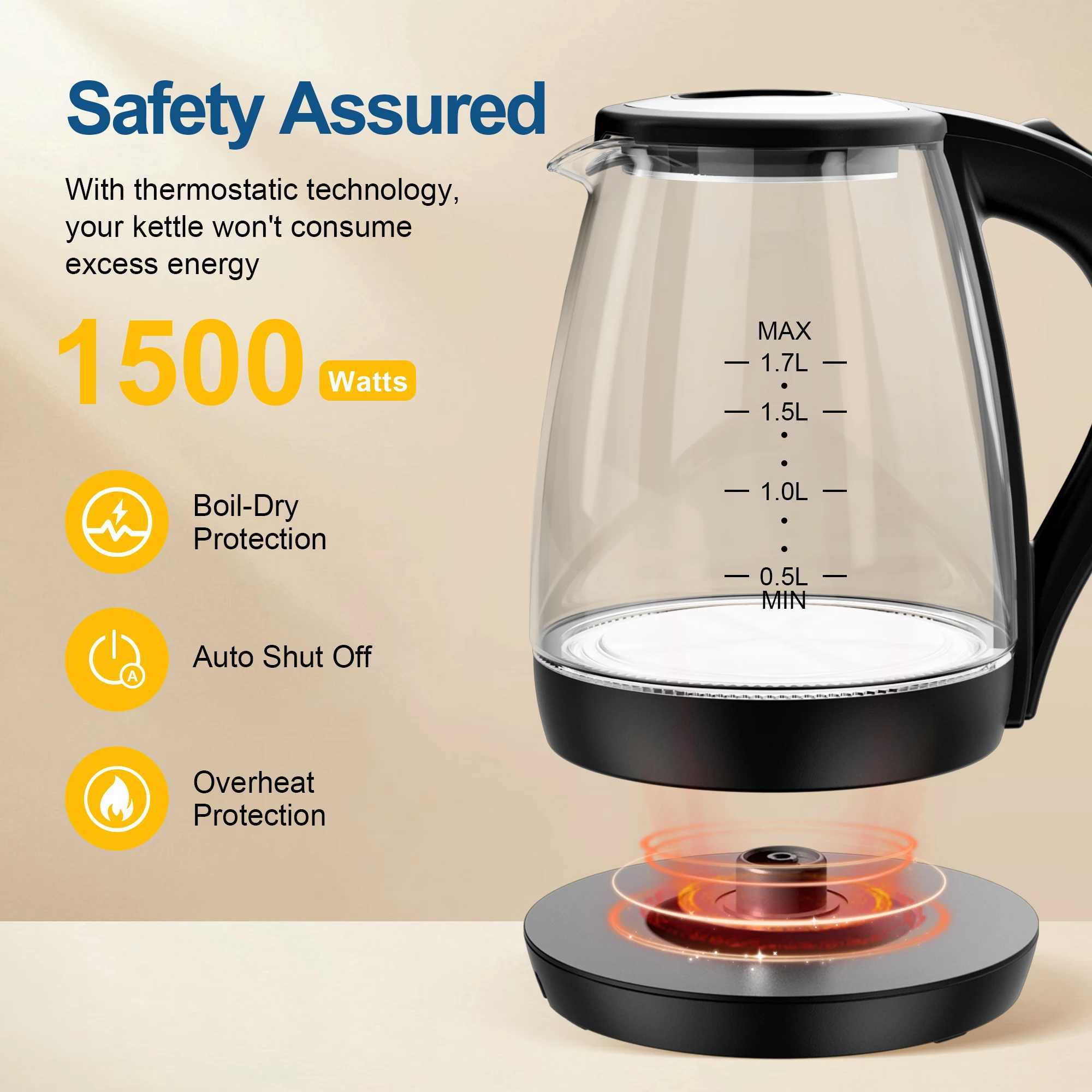 1.7L borosilicate electric kettle with LED indicator light fast heating hot water boiler Y241102