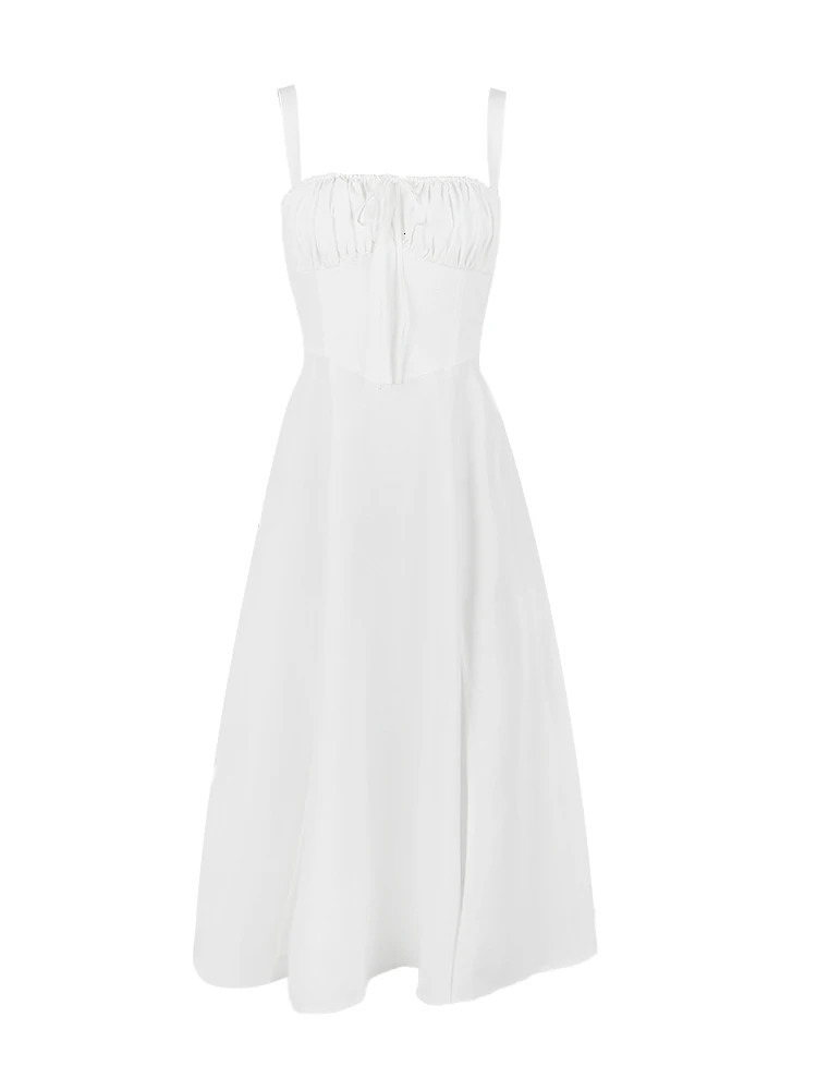 Suninheart Full Lining Elegant Lace Up Holiday Party Dresses Midi Sexy Spaghetti Strap Split Dress White Summer Dress Women 240319