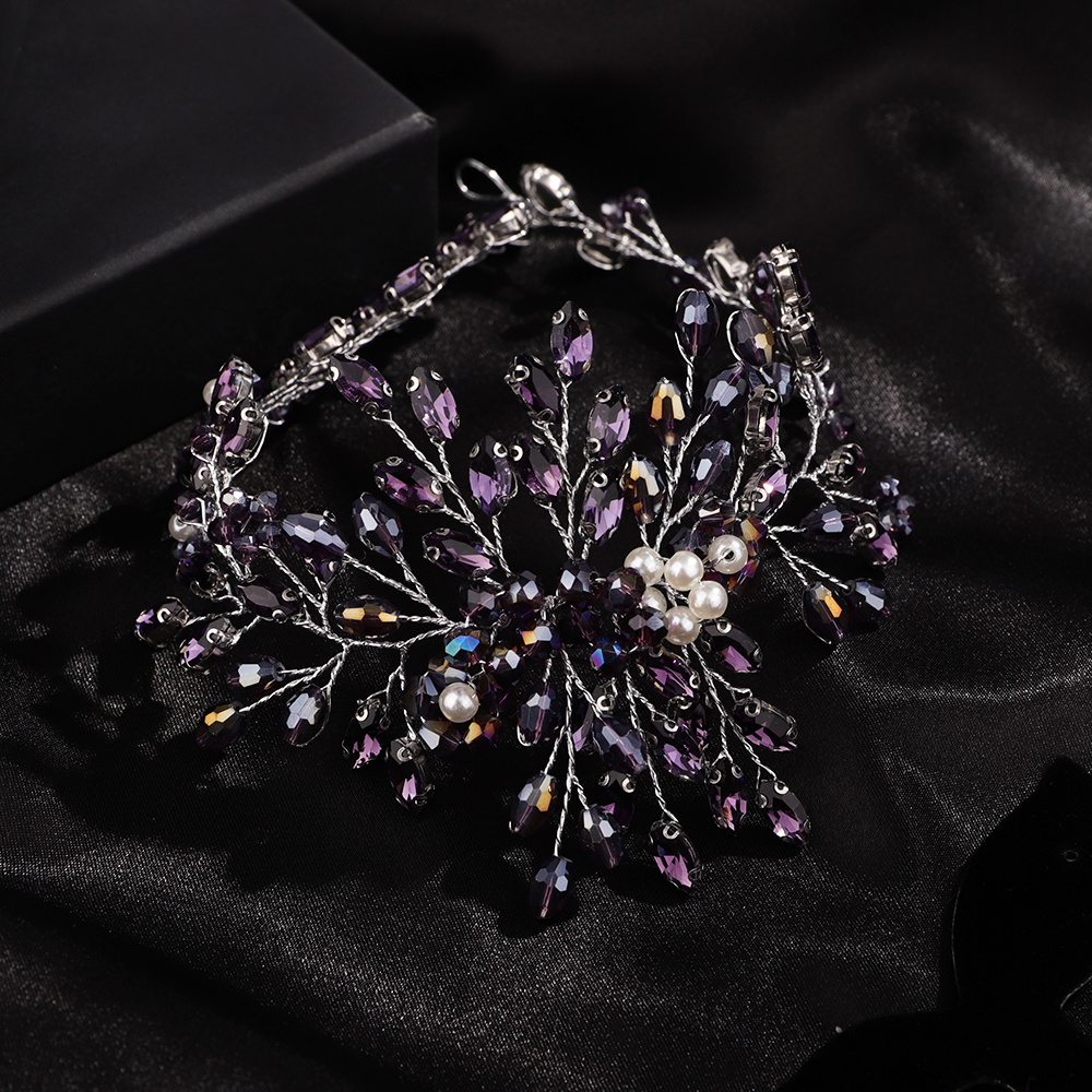 Purple Rhinestone Headband for Wedding Headpiece Handmade Pearl Crystal Bridal Hair Jewelry Headwear Blue Hair Accessories Tiara