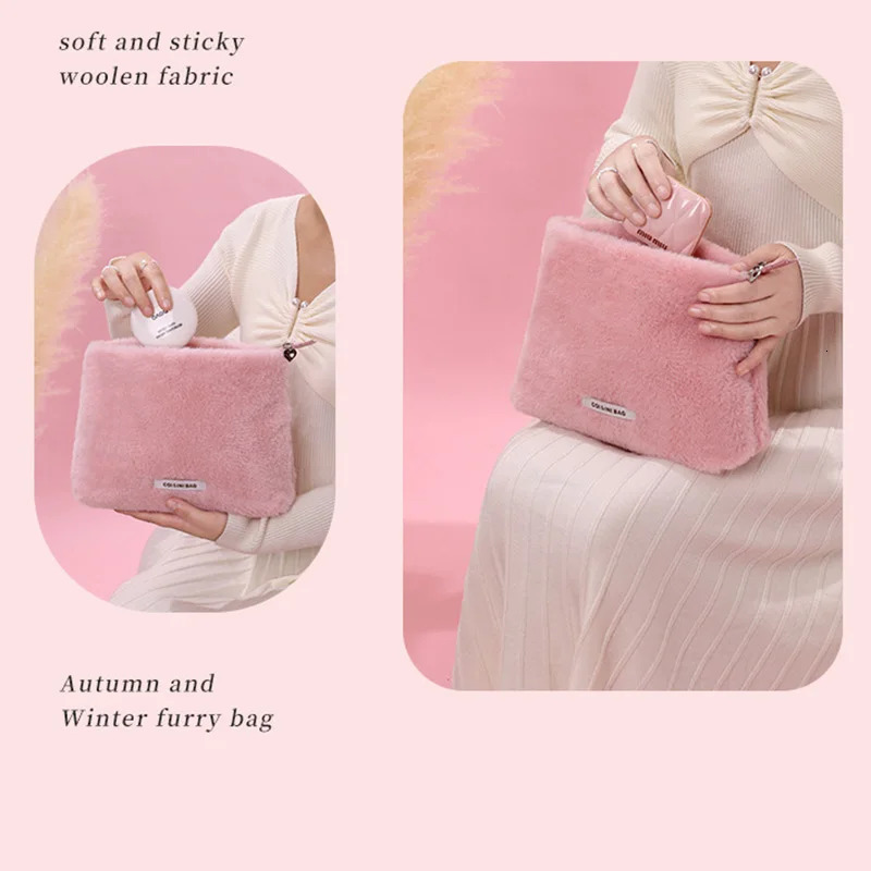 Ctue Plush Makeup Bag Womens Suqare Makeup Bag Wallet Storage Organizer Bag Portable Womens Zipper Makeup Bag Handbag 241031