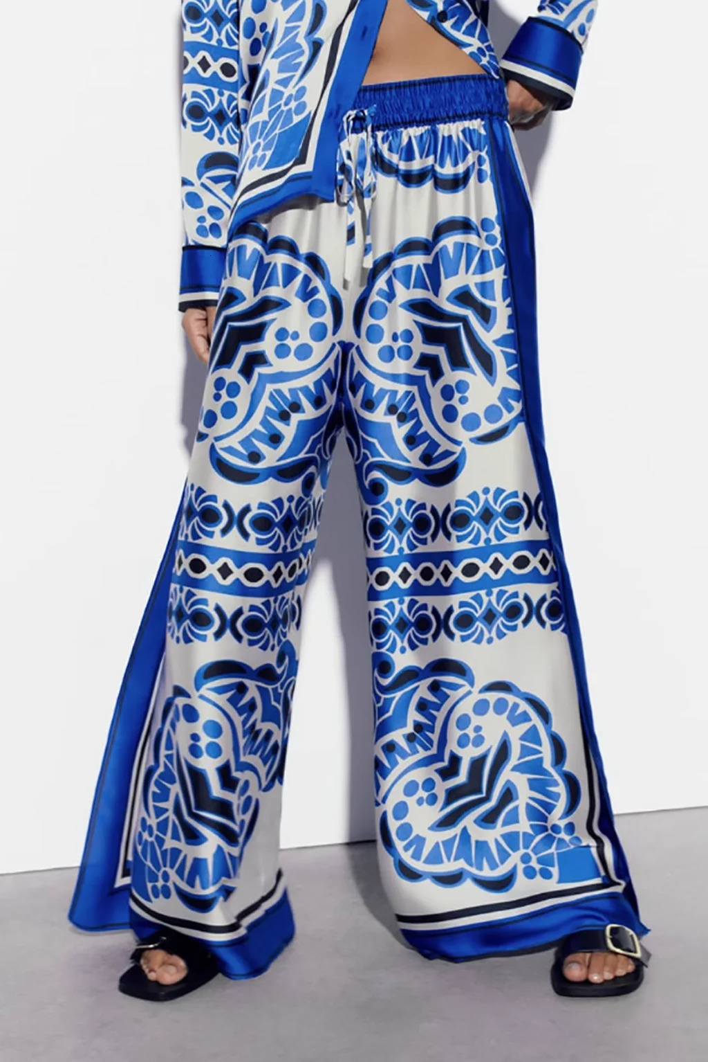 Print Women Shirt Summer Fashion Loose Wide Leg Pants Female Clothing Elastic Waist Streetwear Femle Trousers Split Set 240329