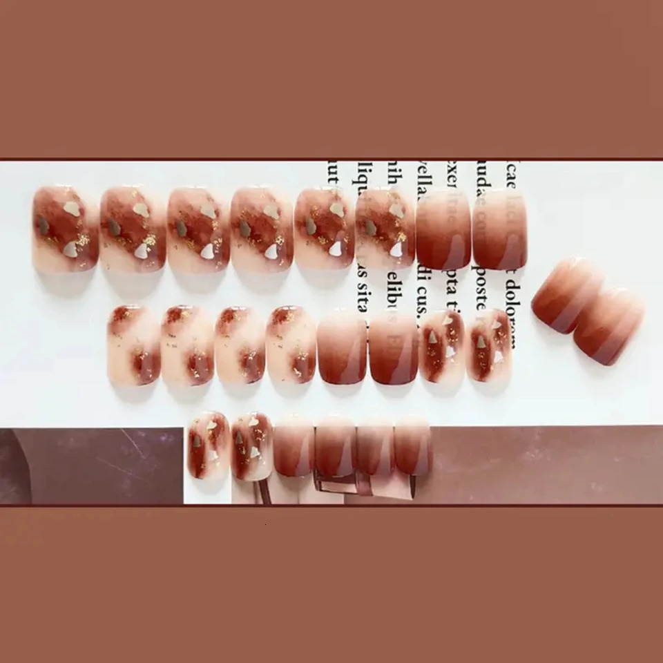 Stunning gold foil latte colored ergonomic patch with gorgeous dyed nail art n suitable for short fake nails perfect for fashion 241031