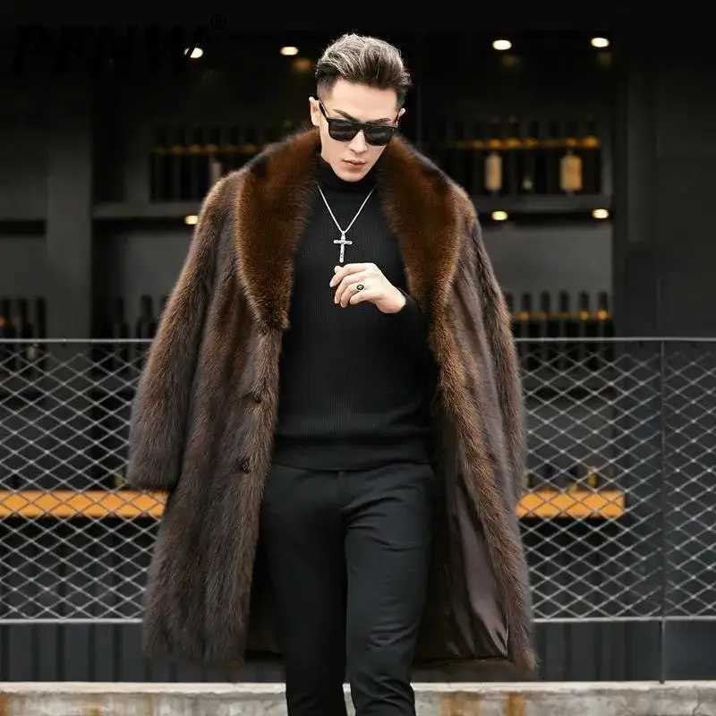 PFNW Mens Imitation Mink Mid Length Coat Whole Winter Fashion New Thickened Casual Loose Fit Black Lapel Faux Coat Male12C1156XJ241102
