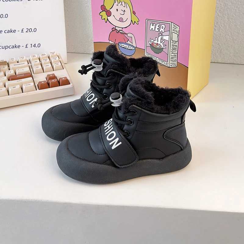 New childrens snow boots with thick soles warm girls cotton boots fashionable leather boots childrens plush boots patch work round toe M241102