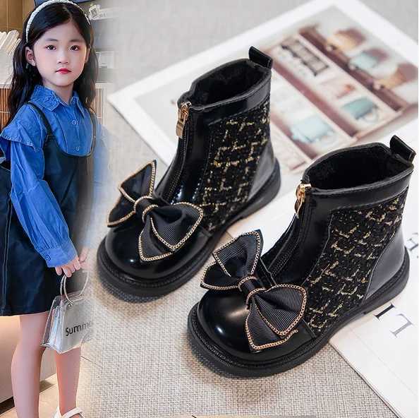 Girls short boots are simple soft breathable childrens fashionable leather boots with zippers childrens cute princess boots with bows winter M241102