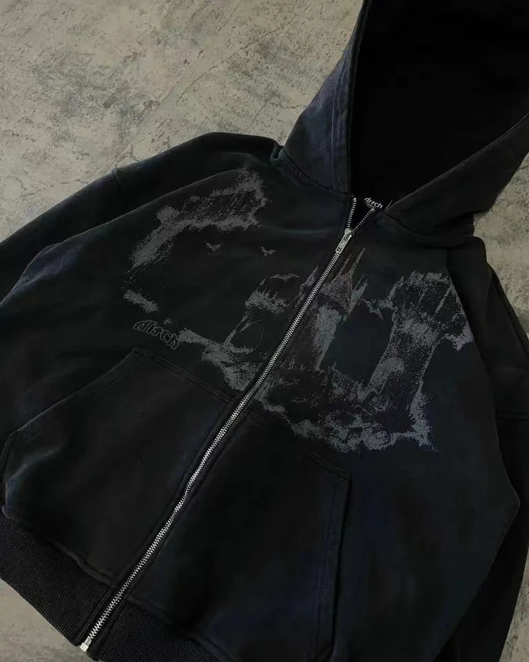 Mens Hoodie Y2k Gothic Street Clothing Mens Hip Hop Street Clothing Harajuku Gothic Pattern Zipper 90s Graphic Sportswear Japanese Anime 241031