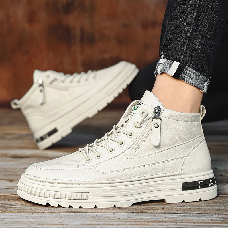 Mens combat boots mens outdoor shoes fashionable leather boots spring sports shoes mens ankle shoes winter boots white 241031