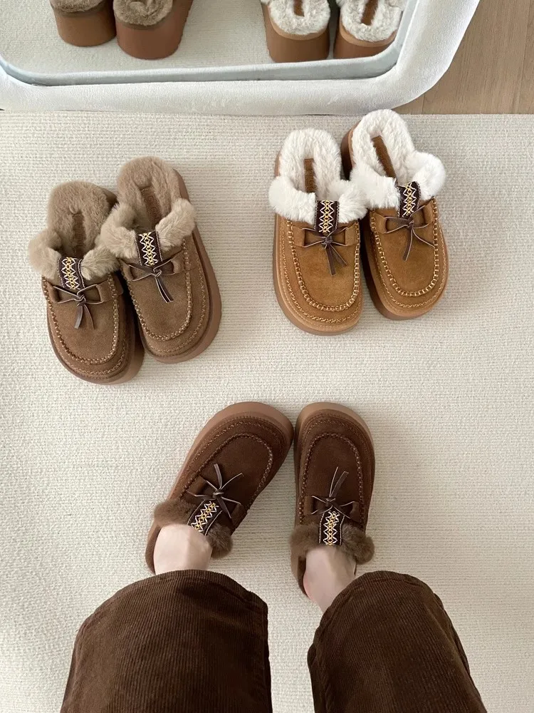 Women's Leather Shoes Cover Toe Ladies Slippers Med Platform Flock Fringe Flat Snow Boots Rome Fur Shearling Slides Rub