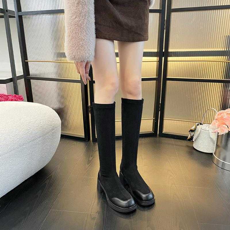 CMM Thick Heeled Suede Over the Knee Elastic Boots for Women Korean Version Short Stature High Heels Slim Boots Famous Genuine Leather Boots