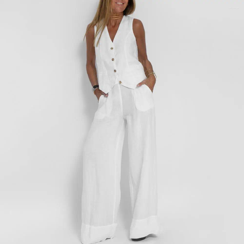 Women's Two Piece Pants Sleeveless V-neck Suit Women Set Stylish Cotton Linen With Vest Wide Leg For Office