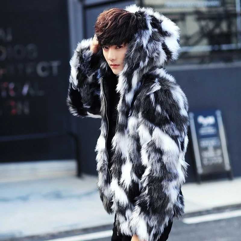 Winter male fur overcoat Mens Fur Coats With Hood FurParka Oversized Men Fur Overcoat Warm Faux Fur Jacket MenXJ241102