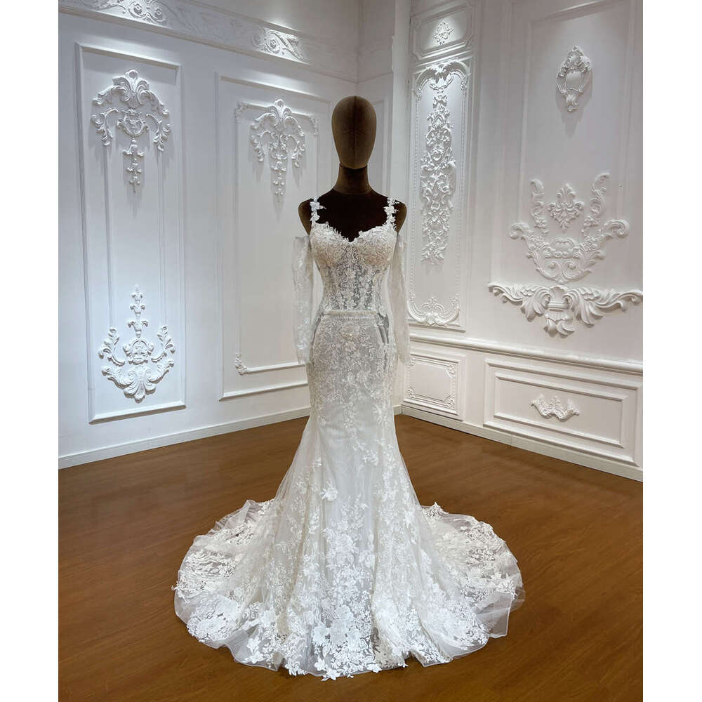 Customized New Design Applique Lace Detachable Long Sleeve Mermaid Bridal Wedding Dress