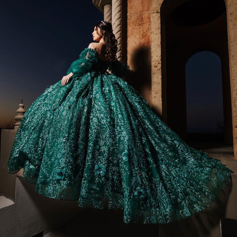 Emerald Green Ball Gown Quinceanera Dress Off The Shoulder Puff Sleeve 3D Flowers Applique Beads Corset Vestido De 15 Anos